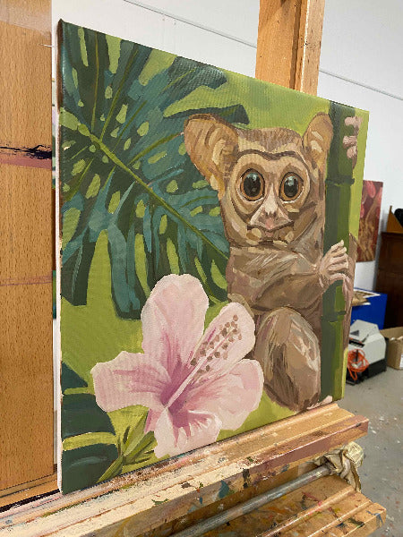 Tarsier, unique piece, oil paint on canvas, 40 x 40 cm