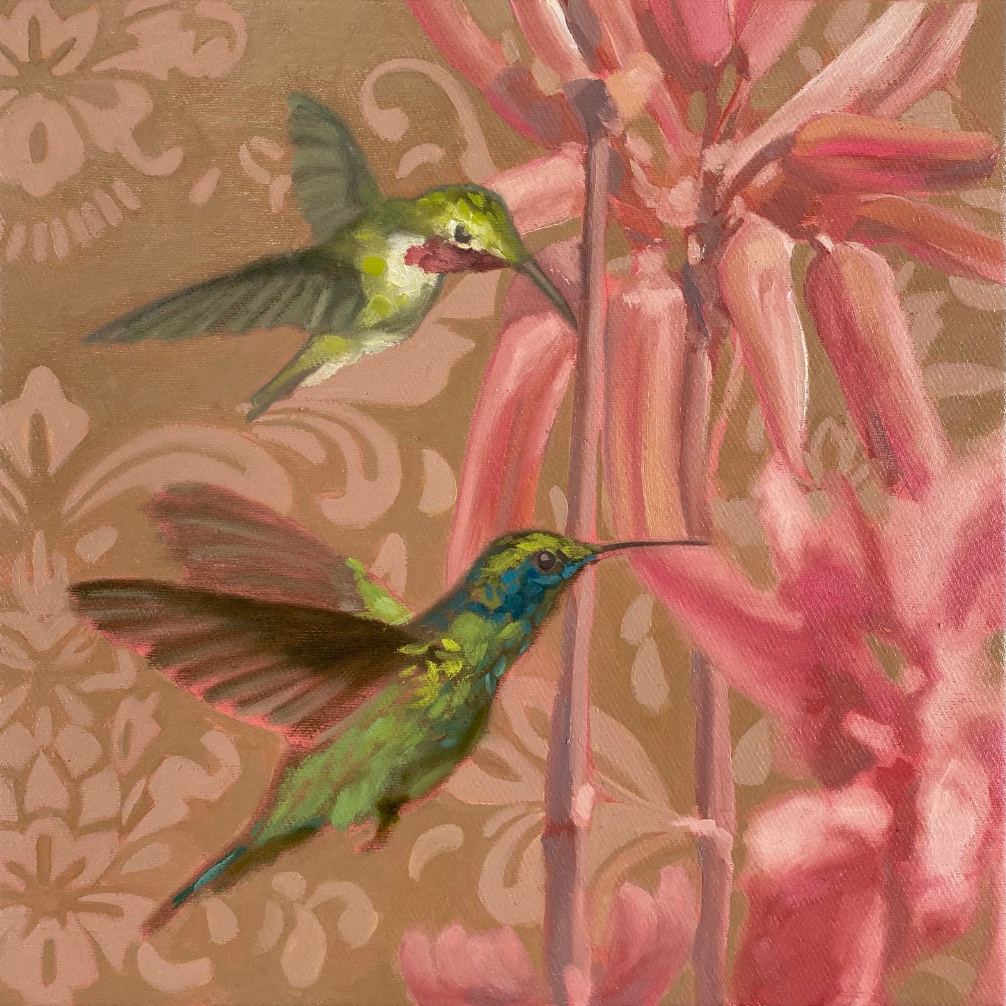 2021, hummingbird and exotic flowers, 30 x 30 cm