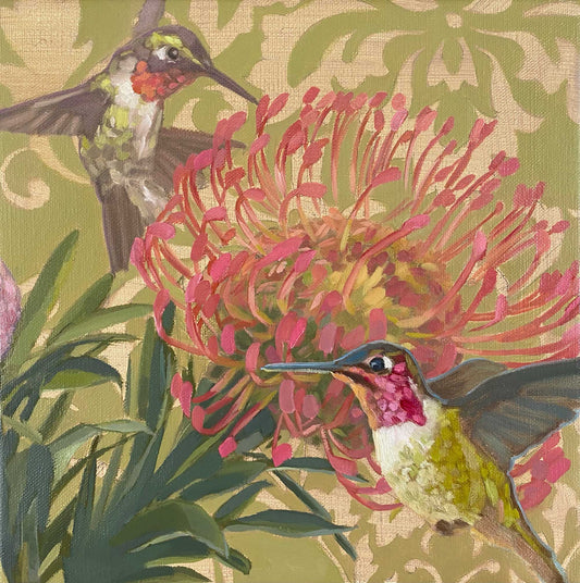 2021, colibri et fleur en coussinet, 30 x 30 cm