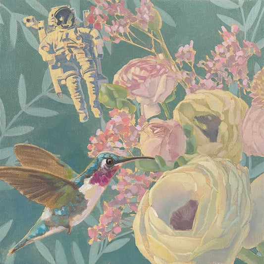 2021, astronaut and hummingbird, 30 x 30 cm