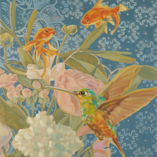 2021, fish and hummingbird, 30 x 30 cm