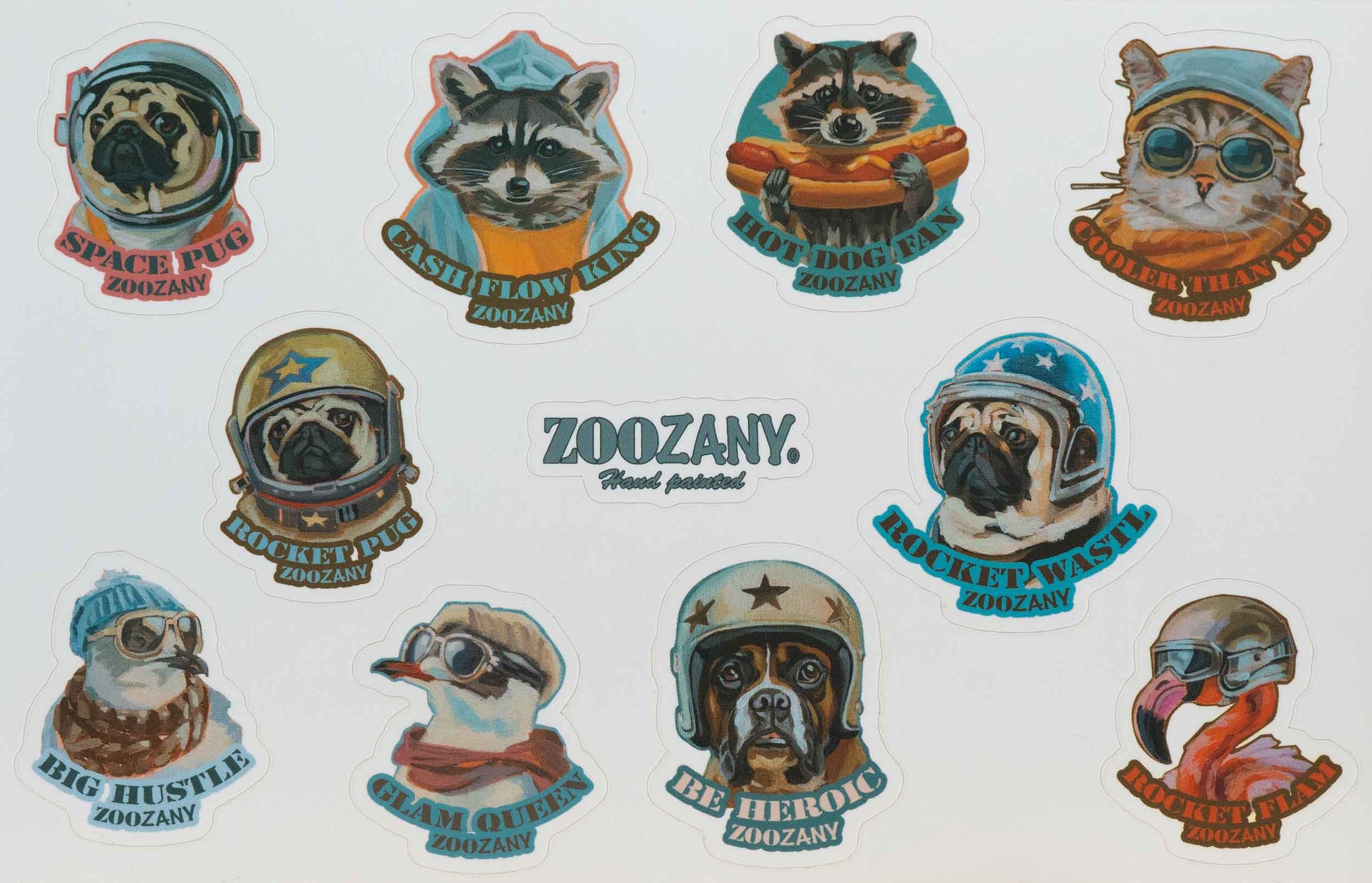 Stickerbogen ZOOZANY Funky Farm mit 10 frechen Tieren, einschließlich Pug, Waschbär und Katze, mit samtiger Softtouch-Oberfläche.