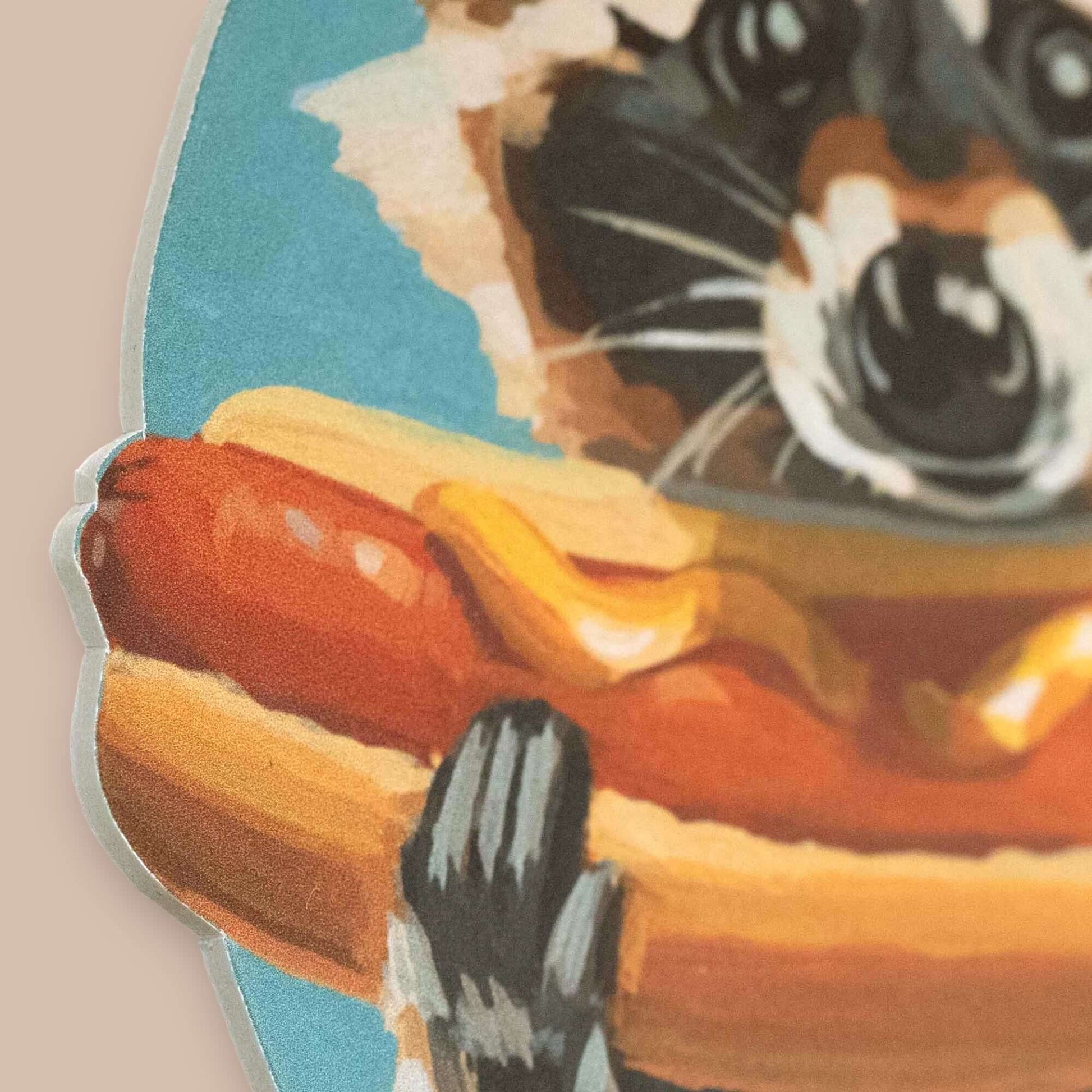 Waschbär hält Hot Dog, humorvoller Schilderdruck, 20 x 20 cm, hochwertige Kunst auf starkem Karton, Detailansicht.