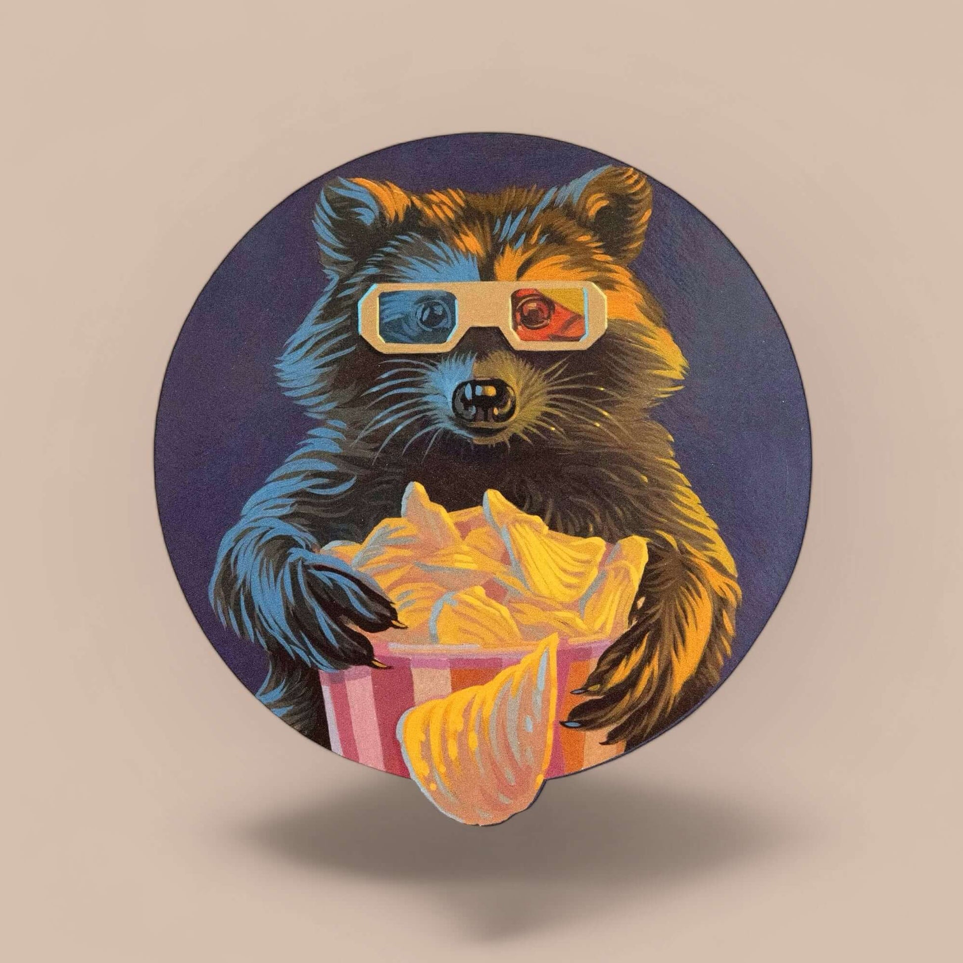 Waschbär mit 3D-Brille und Popcorn, lustiger Schilderdruck, 21x20 cm, künstlerisch und humorvoll für zu Hause.