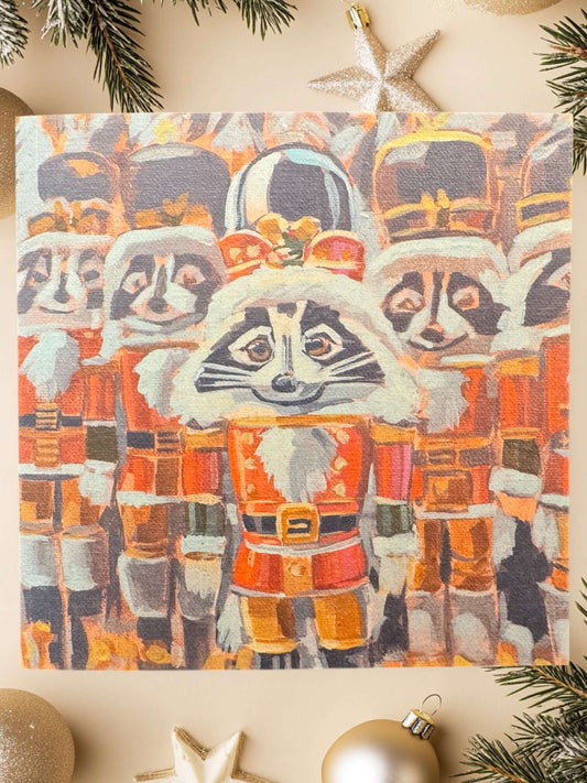 Niedliche Art Card Weihnachten mit Weihnachtsgrafik von Waschbären in festlicher Kleidung, perfekt für Dekoration und Geschenke.