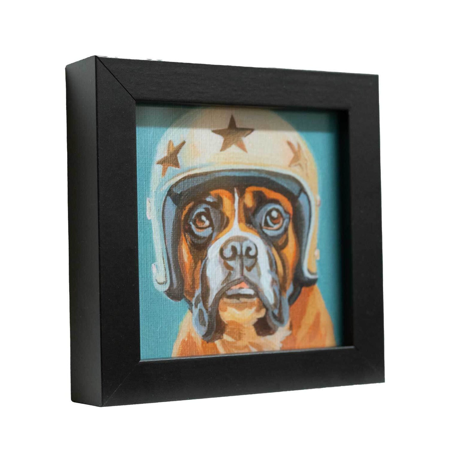 Cute framed art print of a boxer dog wearing a helmet, perfect for brightening up any space. 10x10 cm size.