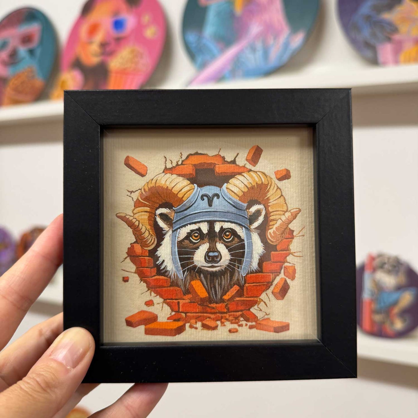 Cute raccoon print in frame, showcasing Aries zodiac design, perfect for brightening up any space.