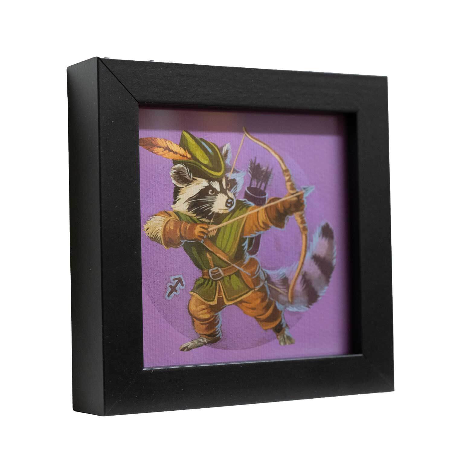 Cute raccoon archer print in a stylish frame, perfect for adding charm to any space. Ideal for zodiac lovers!