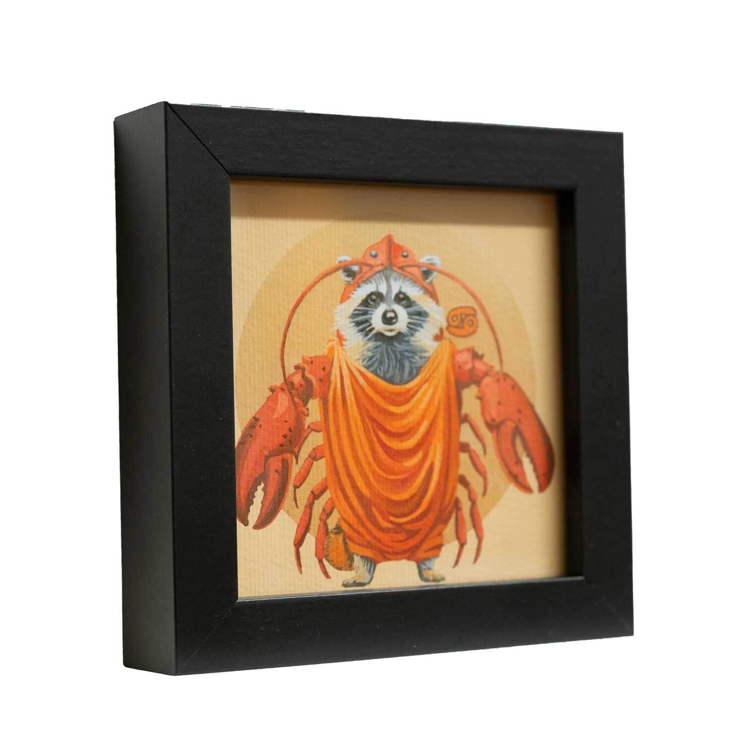 Cute raccoon dressed as a crab in a stylish black frame, perfect for adding charm to any space.