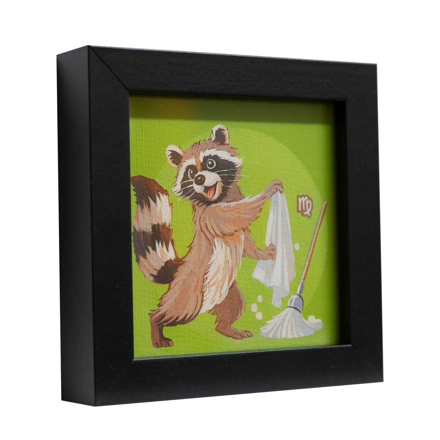 Cute raccoon artwork for Virgo sign, framed print adds charm to any space, perfect for shelves or desks.