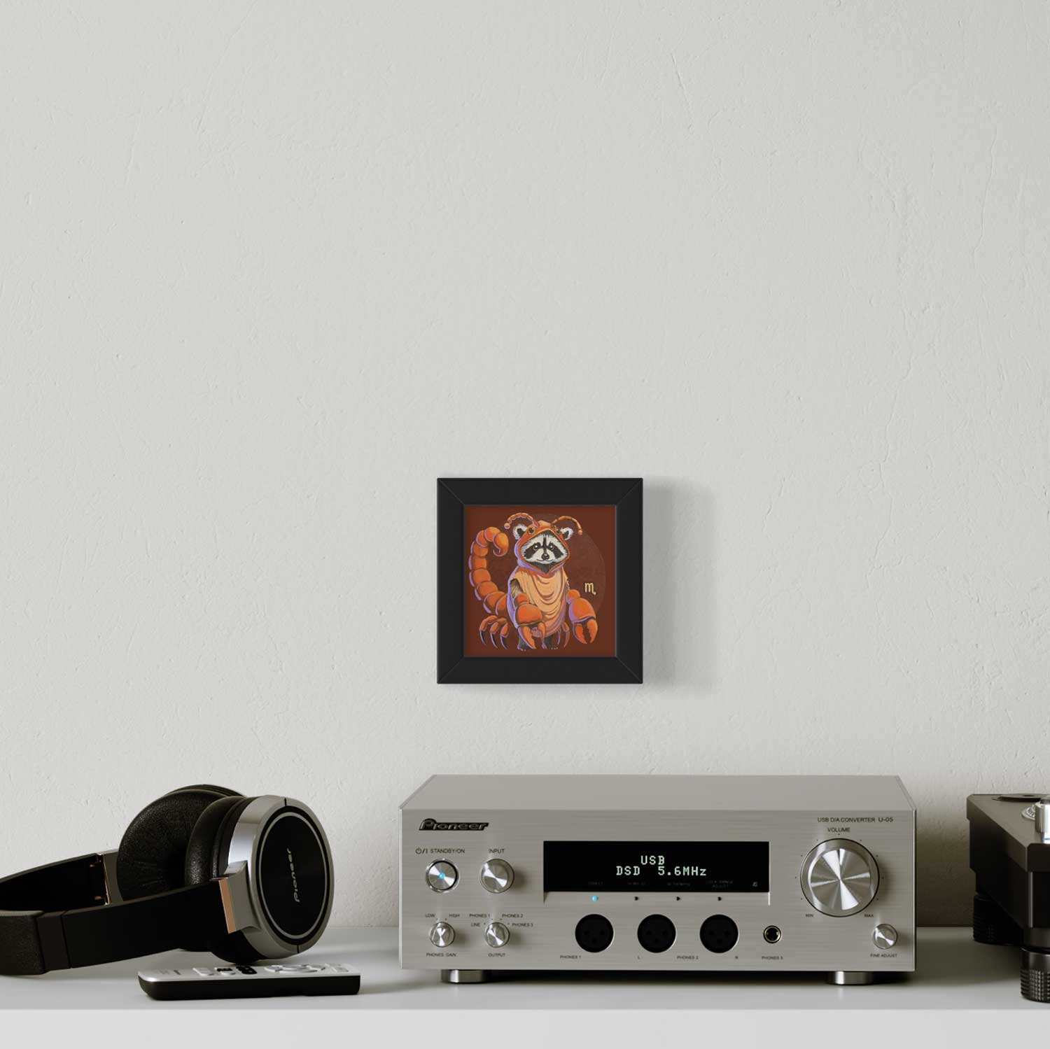 Cute raccoon print in a black frame, bringing charm to your space next to a silver audio system.