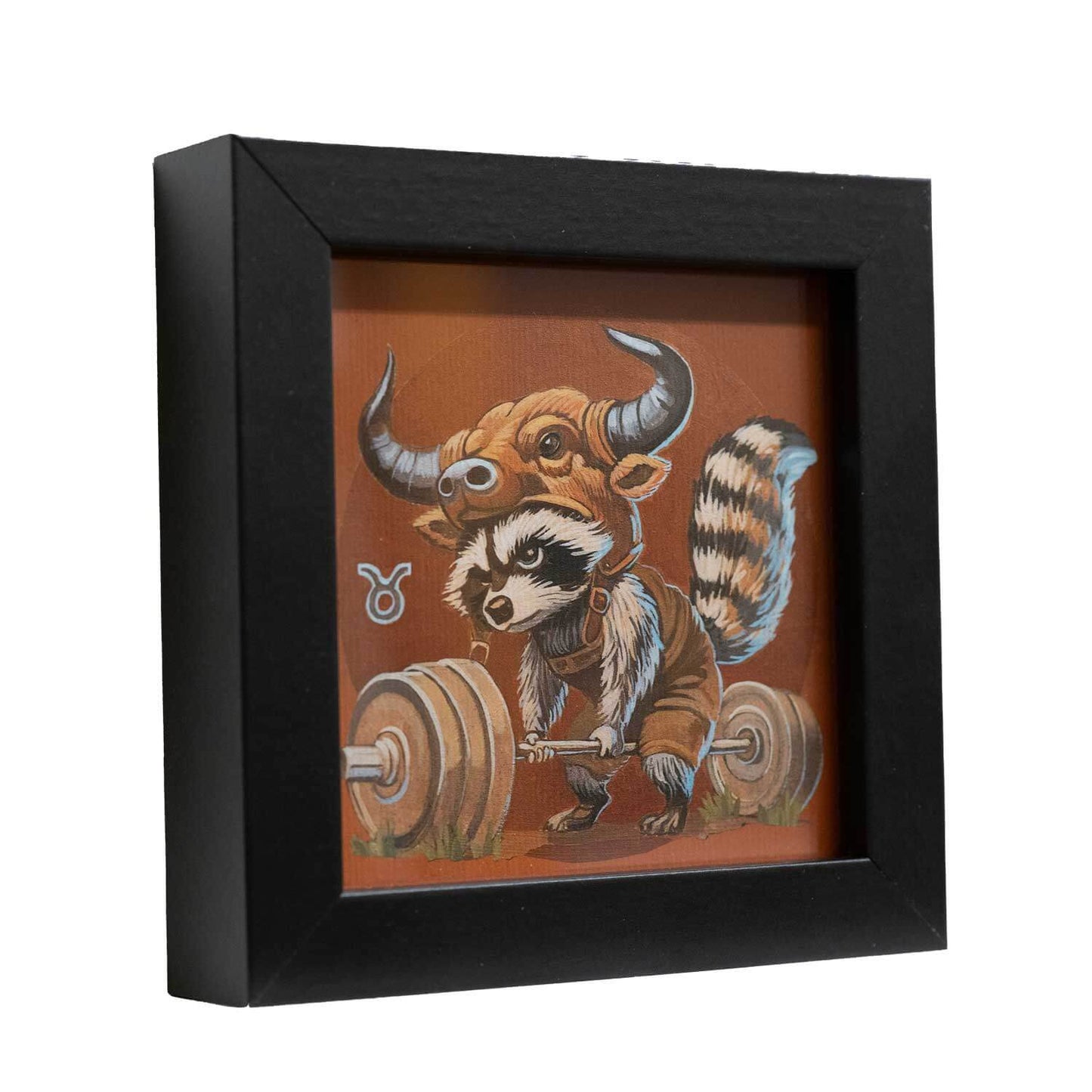 Cute raccoon in a Taurus costume lifting weights in a stylish black frame, perfect for adding charm to your space!