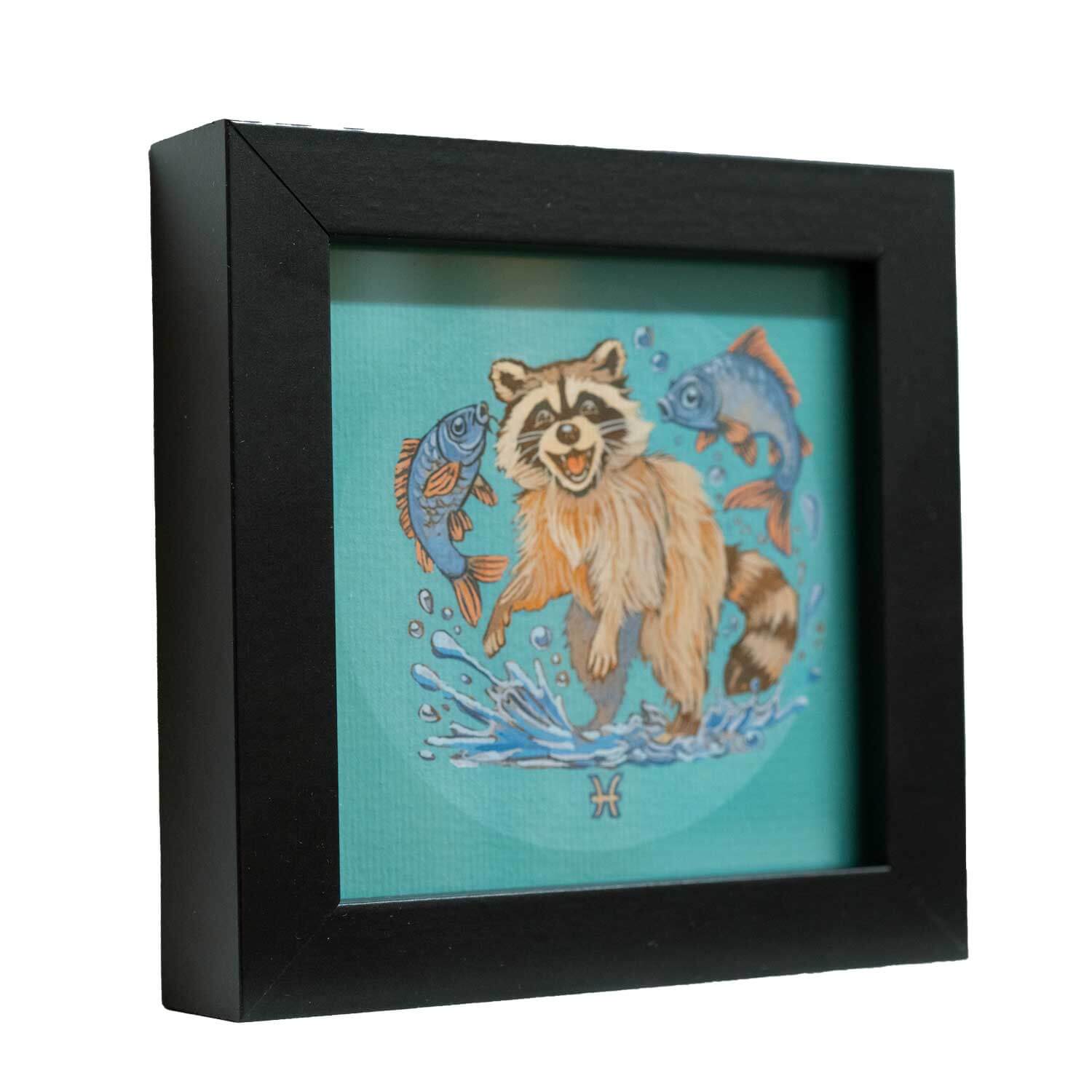 Cute raccoon art print celebrating Pisces, framed in stylish wood, perfect for brightening any space.