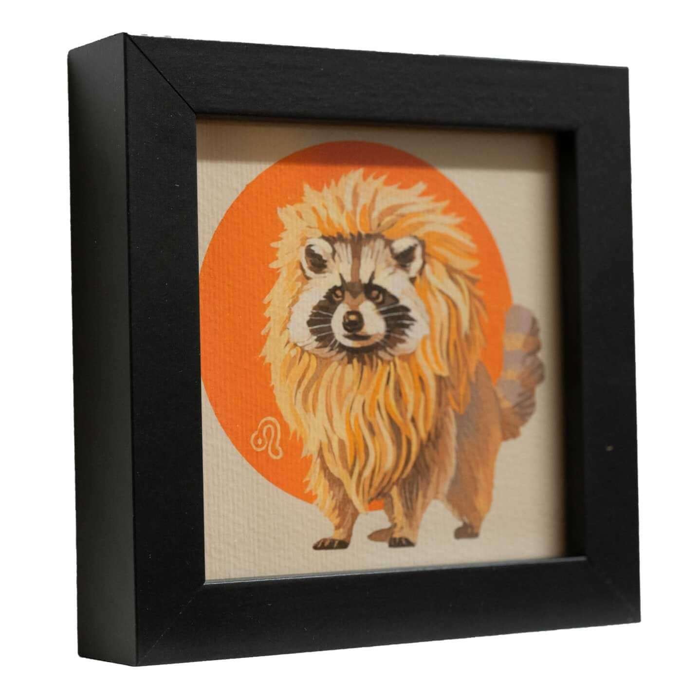 Cute raccoon art print in a black frame, Leo zodiac design, perfect for brightening up any space!