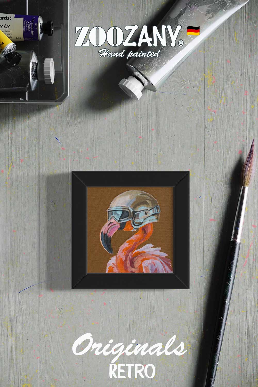 Daily Painting, unique, painting, hand-painted single piece, 10 x 10 cm, with picture frame, Rocket Flamingo