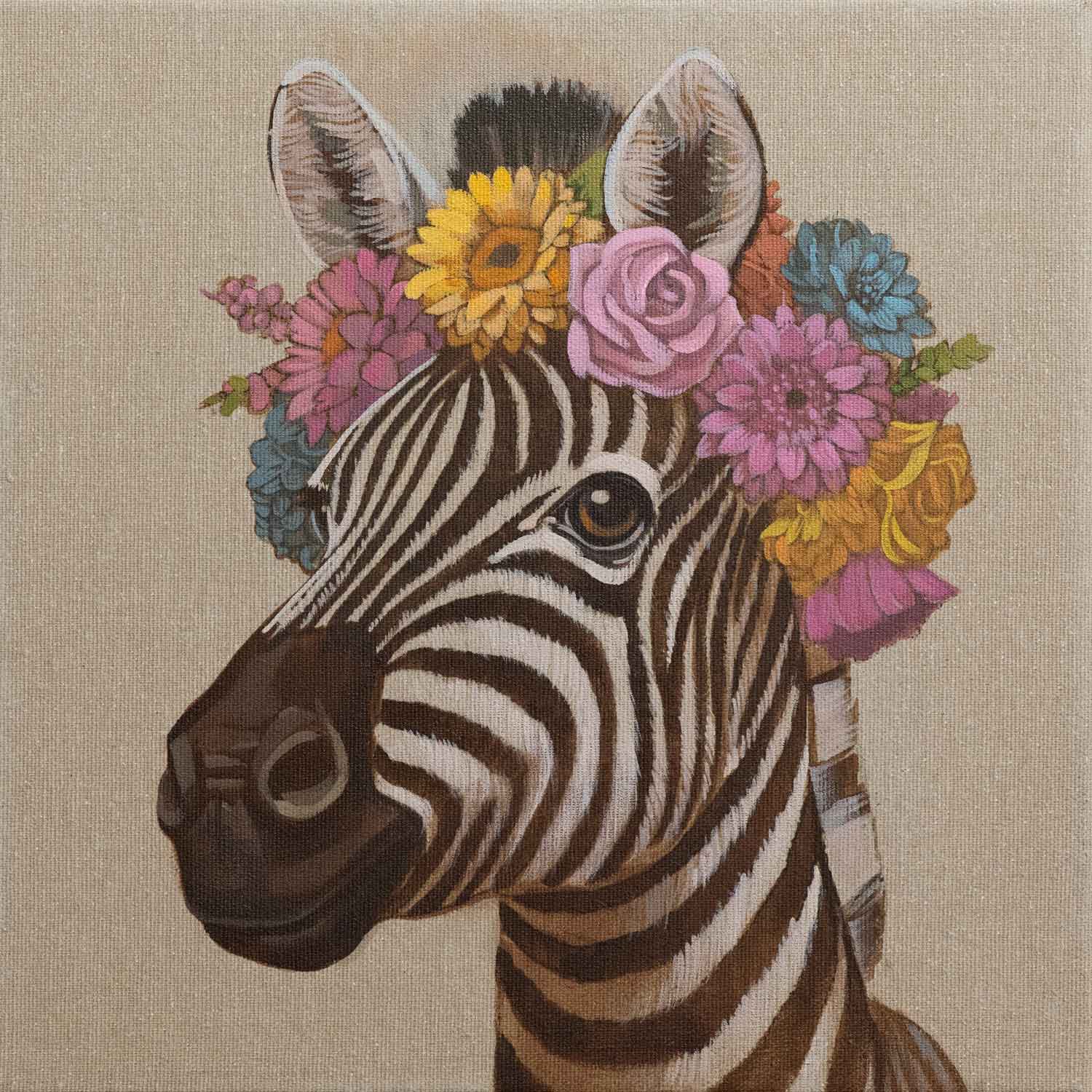 Handgemaltes Zebra-Porträt mit bunten Blumen, 30x30 cm, ideal für moderne oder klassische Einrichtungen.