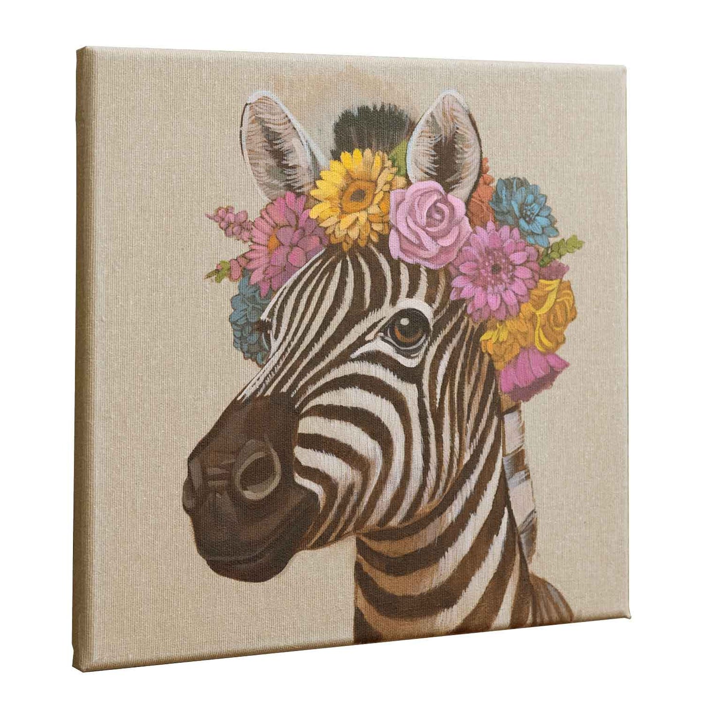 Handgemaltes Zebra-Porträt mit bunten Blumenkranz auf Leinwand, 30x30 cm, für moderne und klassische Einrichtung.