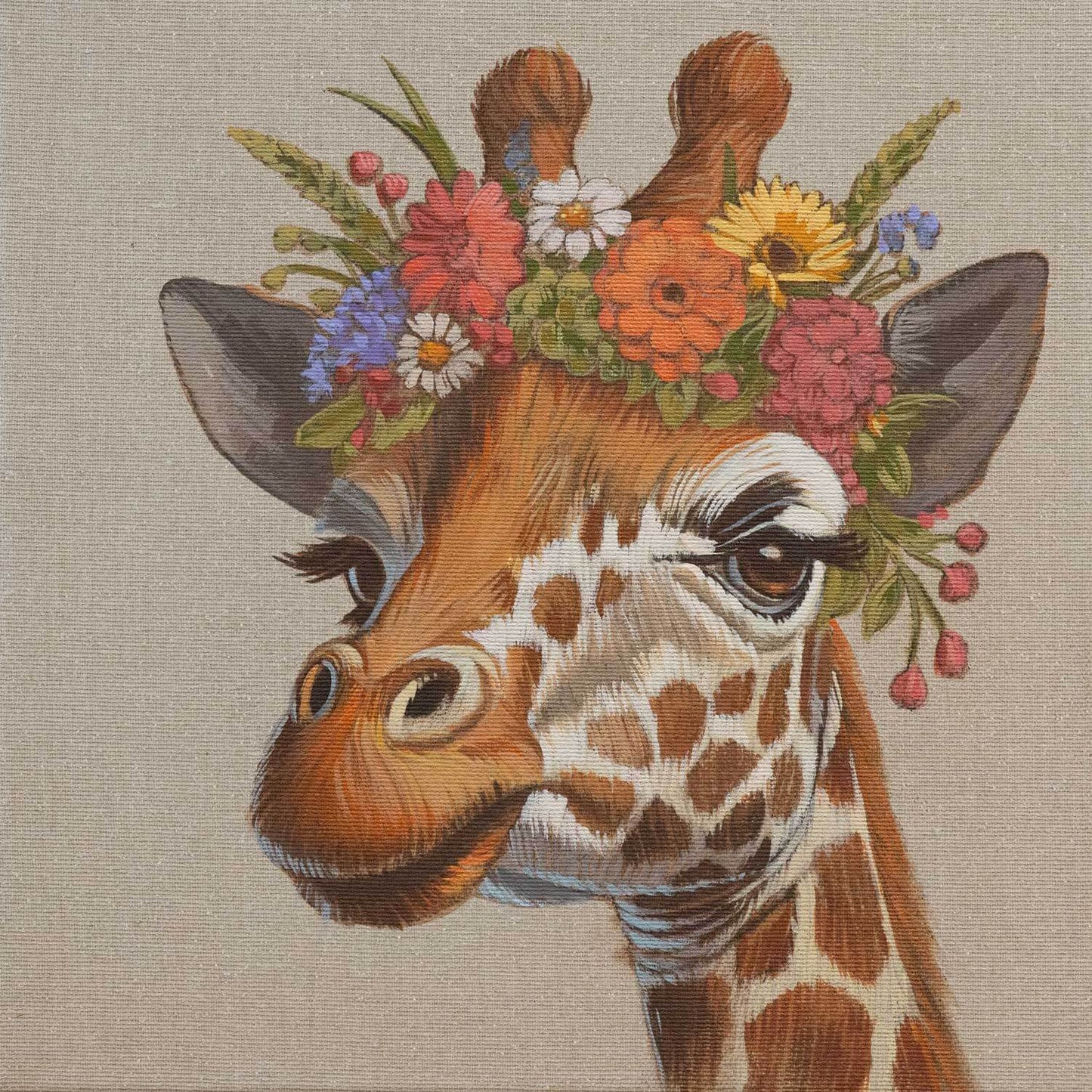 Original, acrylic paint on canvas, 30x30 cm, Giraffe with flowers