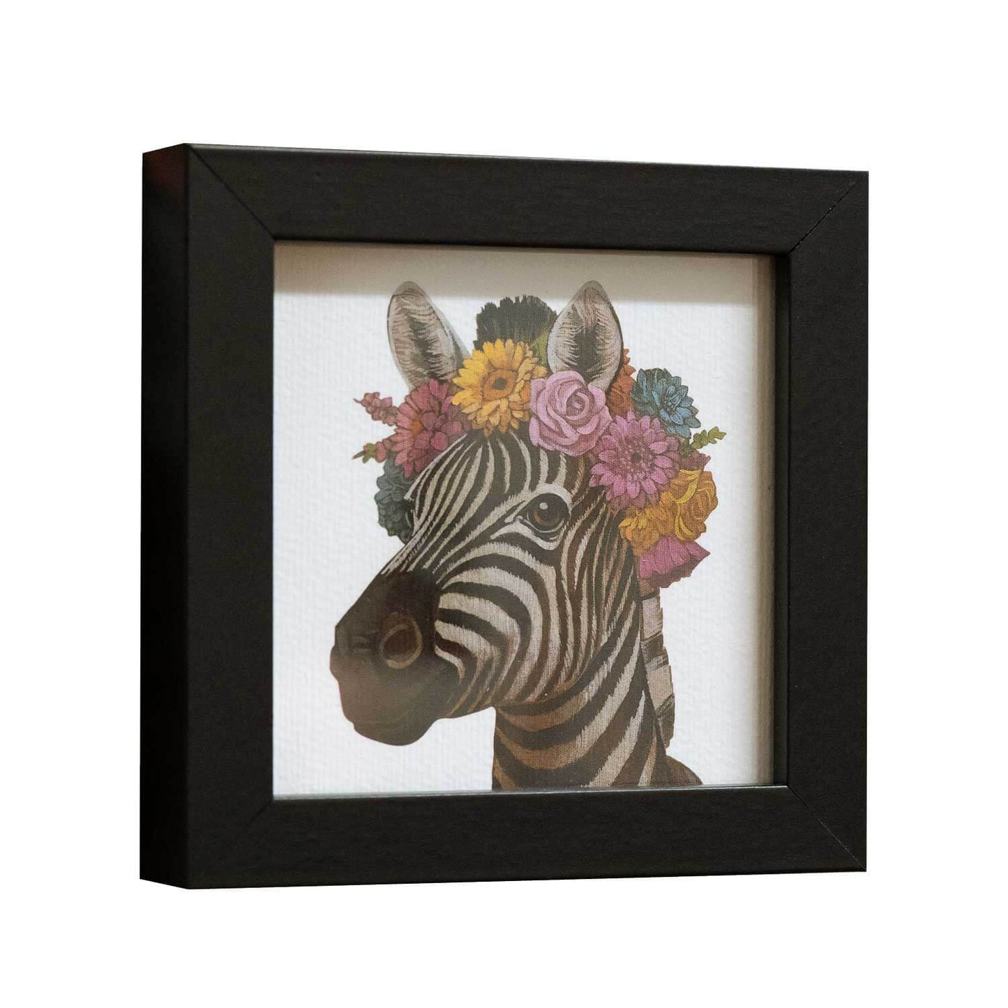 Pocket art, fine art print on handmade paper in frame, 10 x 10 cm, flower child zebra