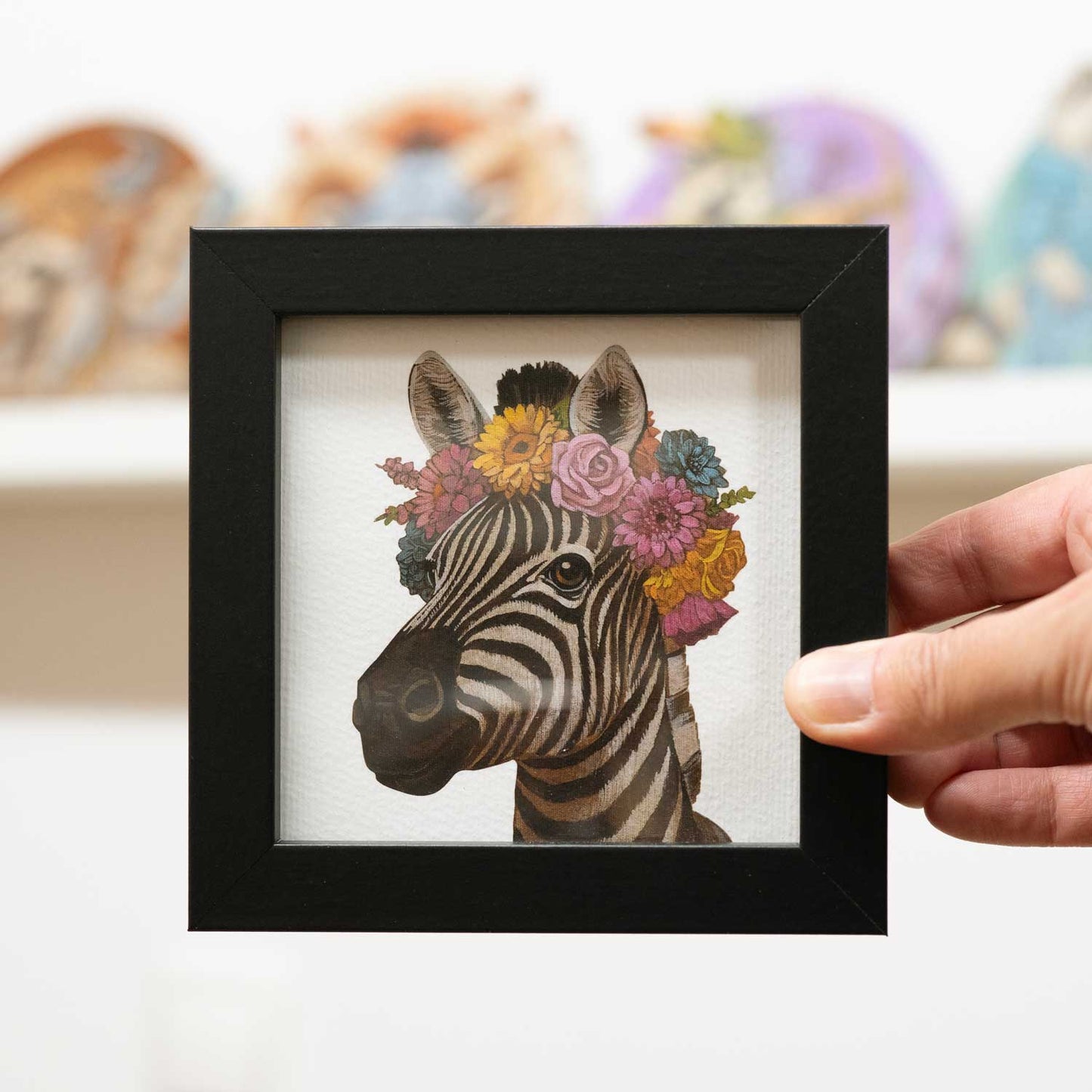 Pocket art, fine art print on handmade paper in frame, 10 x 10 cm, flower child zebra