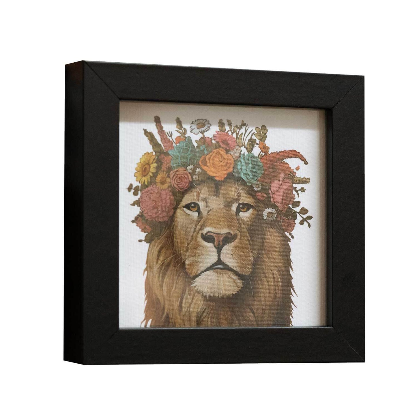 Pocket art, fine art print on handmade paper in frame, 10 x 10 cm, flower child lion