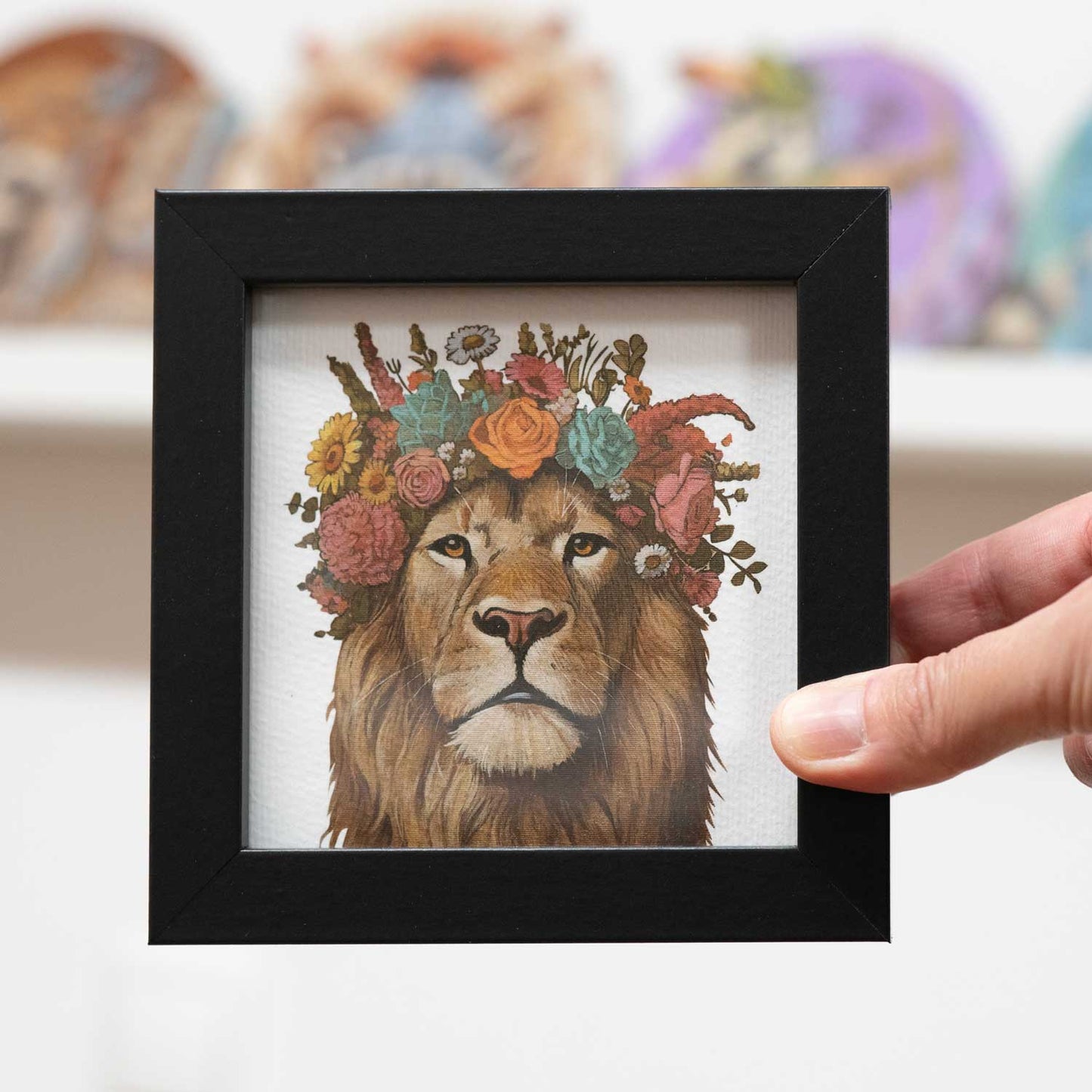 Pocket art, fine art print on handmade paper in frame, 10 x 10 cm, flower child lion