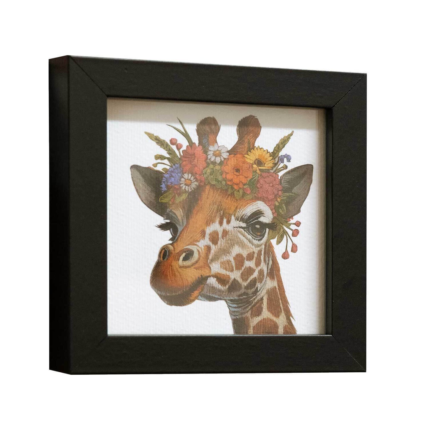 Pocket art, fine art print on handmade paper in frame, 10 x 10 cm, flower child giraffe