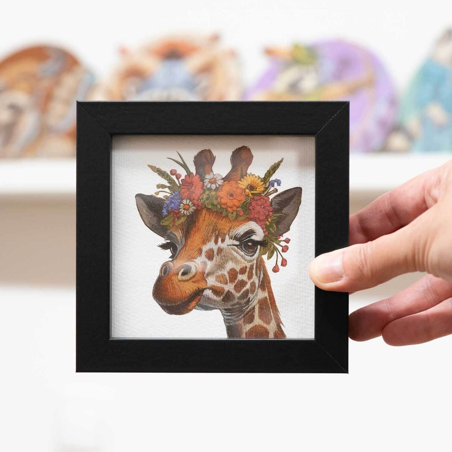 Pocket art, fine art print on handmade paper in frame, 10 x 10 cm, flower child giraffe