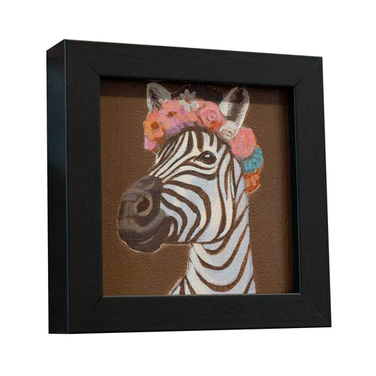 Original, pocket art, painting, 10 x 10 cm, with picture frame, flower child zebra