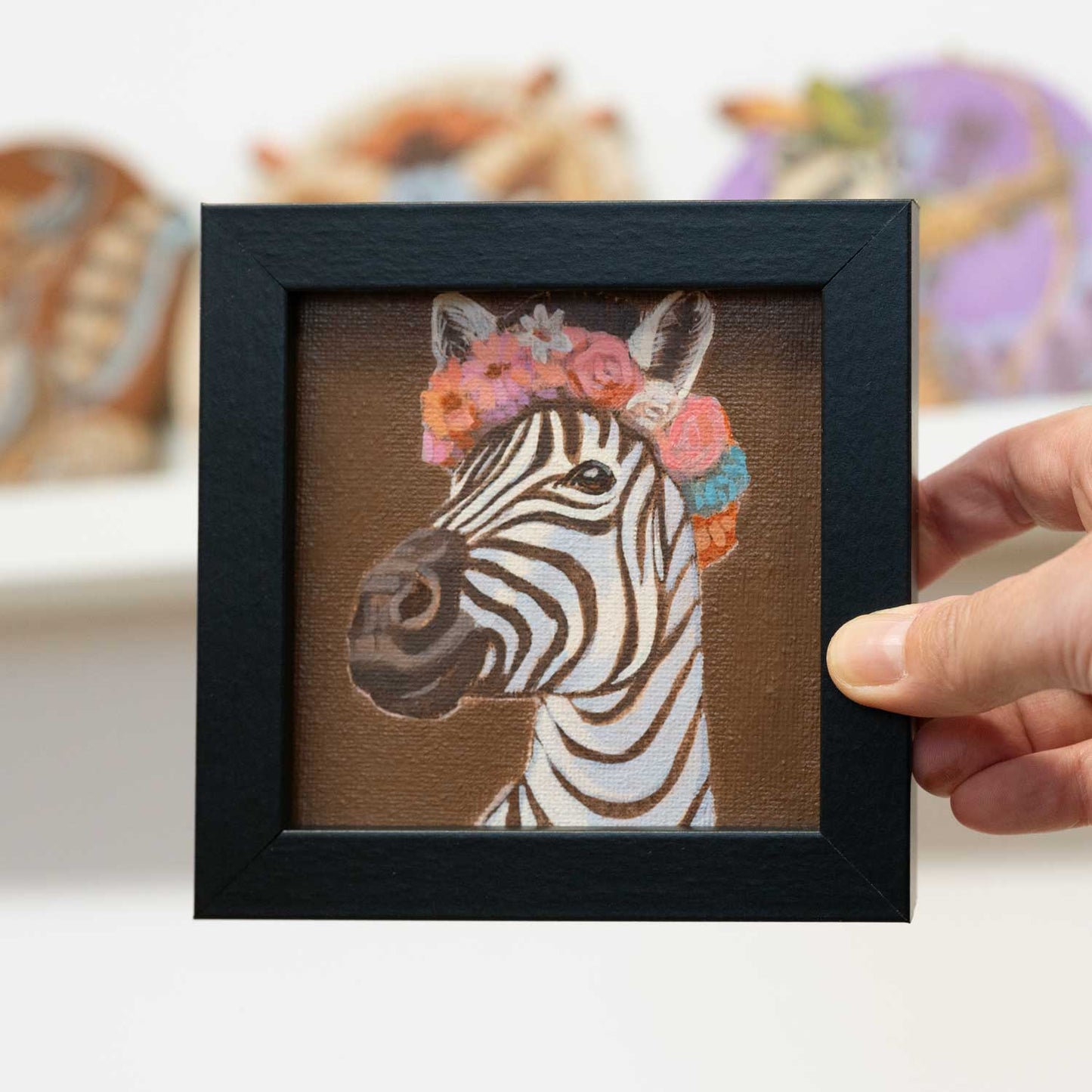 Original, Pocket Art, Malerei, 10 x 10 cm, mit Bilderrahmen, Blumenkind Zebra