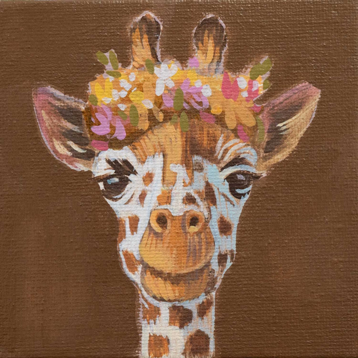 Original, pocket art, painting, 10 x 10 cm, with picture frame, flower child giraffe