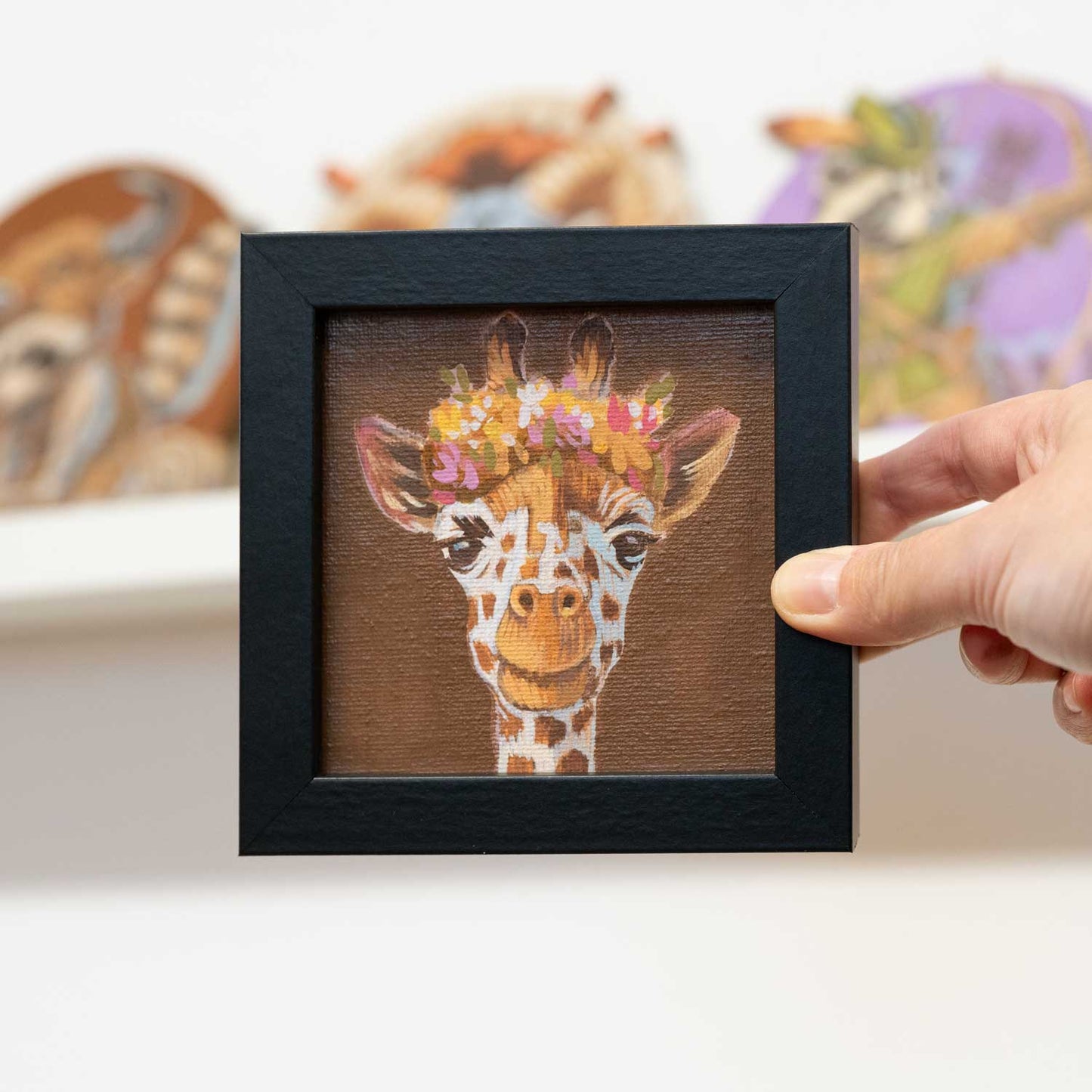 Original, pocket art, painting, 10 x 10 cm, with picture frame, flower child giraffe