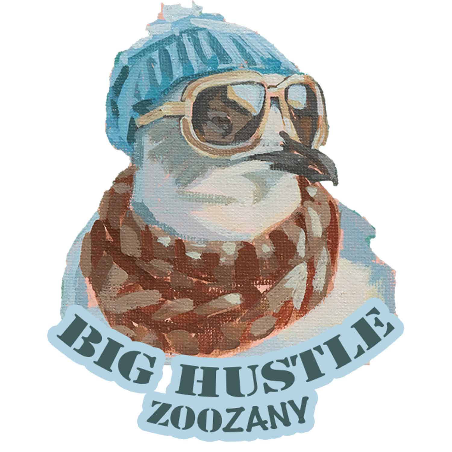 Cooler Vogel mit Mütze und Sonnenbrille auf Sticker mit Text "BIG HUSTLE ZOOZANY"