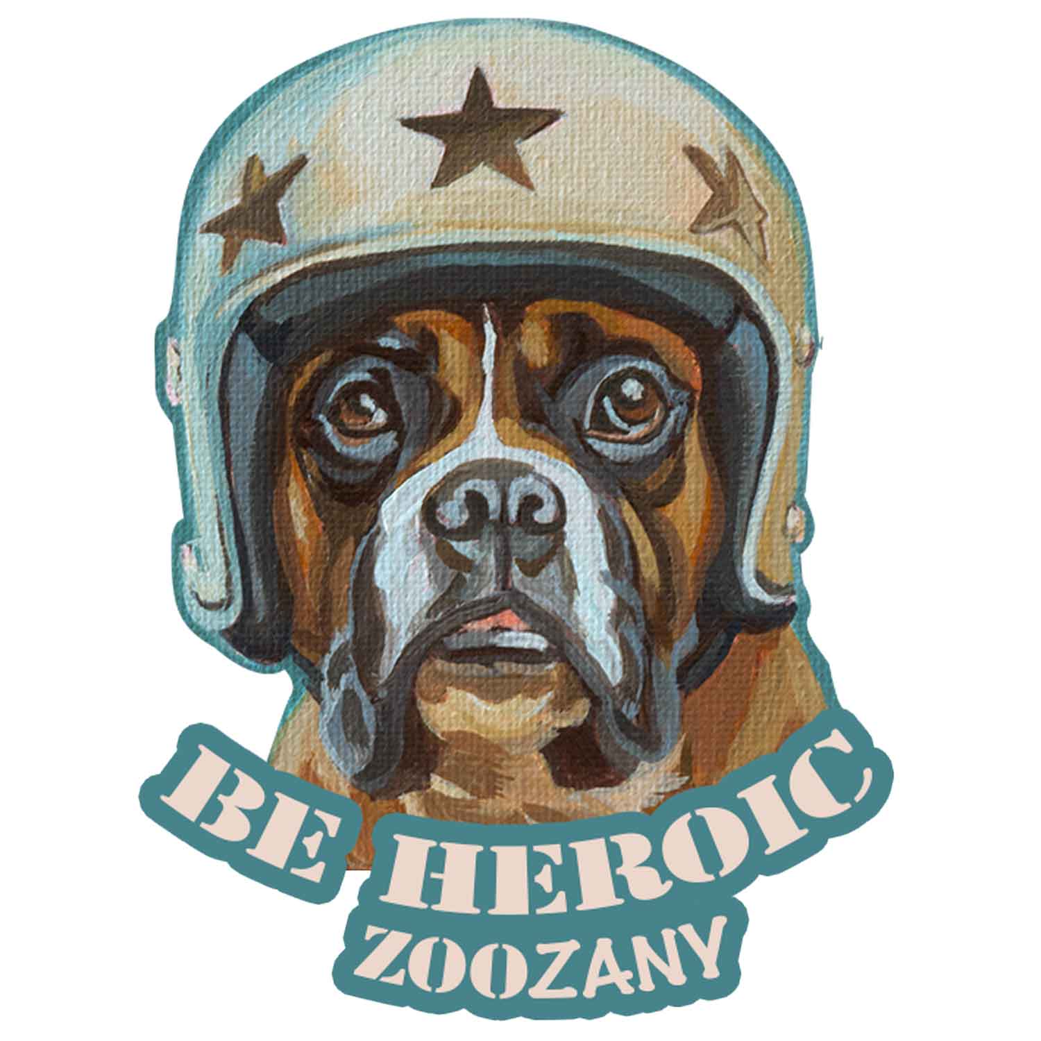 Sticker mit tapferem Hund in Helm, Aufschrift "BE HEROIC ZOOZANY" - Teil des Stickerbogens, ZOOZANY Funky Farm.