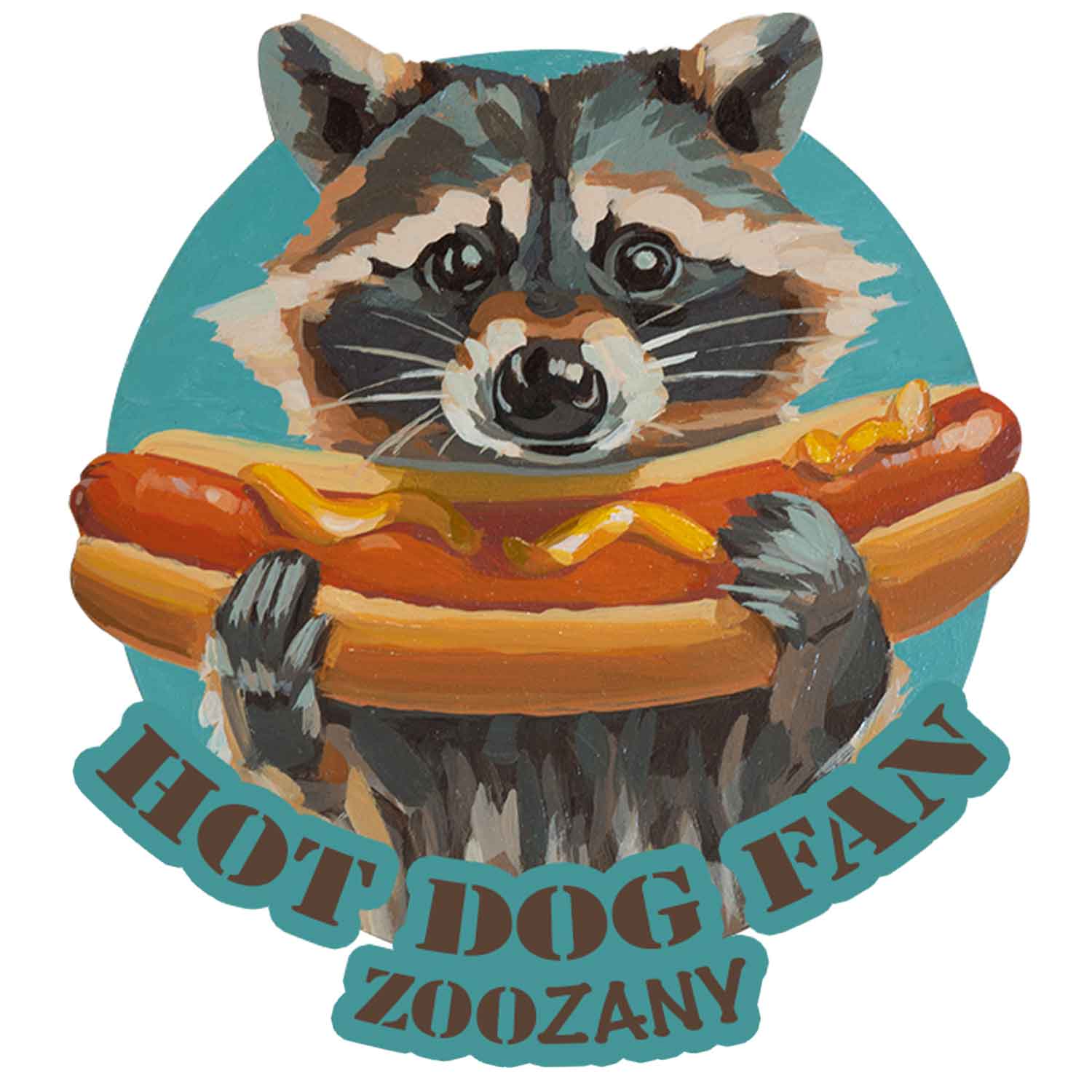 Lustiger Waschbär mit Hotdog in den Händen und Text "HOT DOG FAN ZOOZANY" vor blauem Hintergrund. Perfekter Sticker für Tierliebhaber!