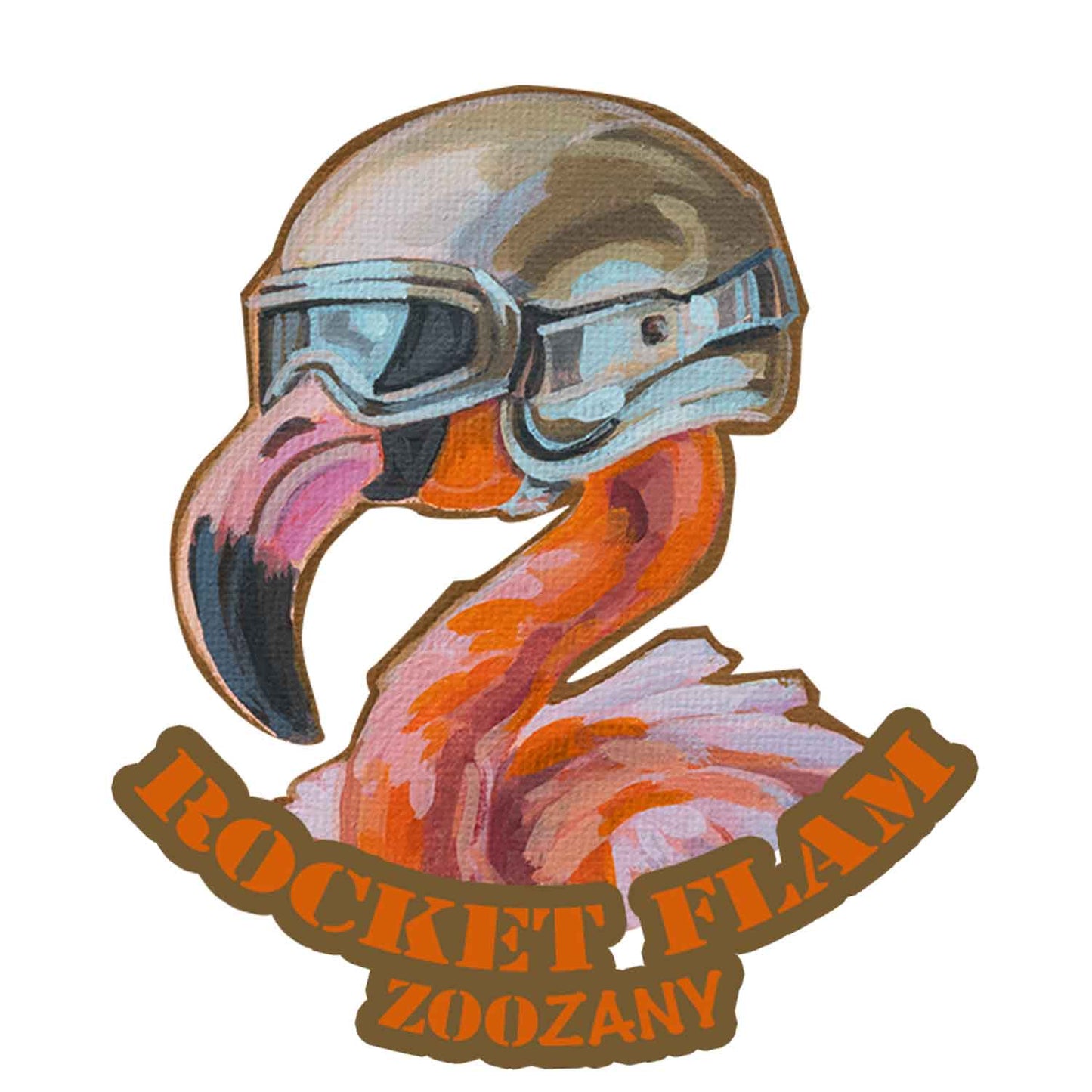 Ein frecher Flamingo mit Helm und der Aufschrift "Rocket Flam ZOOZANY". Perfekt für dein Stickerbogen ZOOZANY Funky Farm!