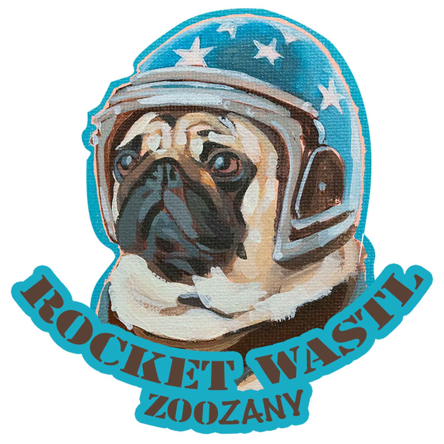 Stickerbild von einem Mops in Astronautenhelm mit dem Text "Rocket Wastl ZOOZANY" in leuchtendem Türkis.