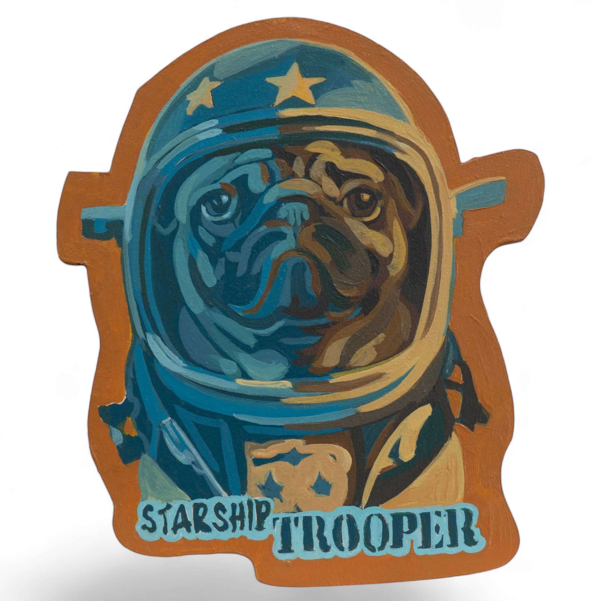 Handgemaltes Retro-Schild "Starship Trooper" mit Hund im Astronautenanzug, Acrylfarben von Sennelier, 17 x 17 cm.