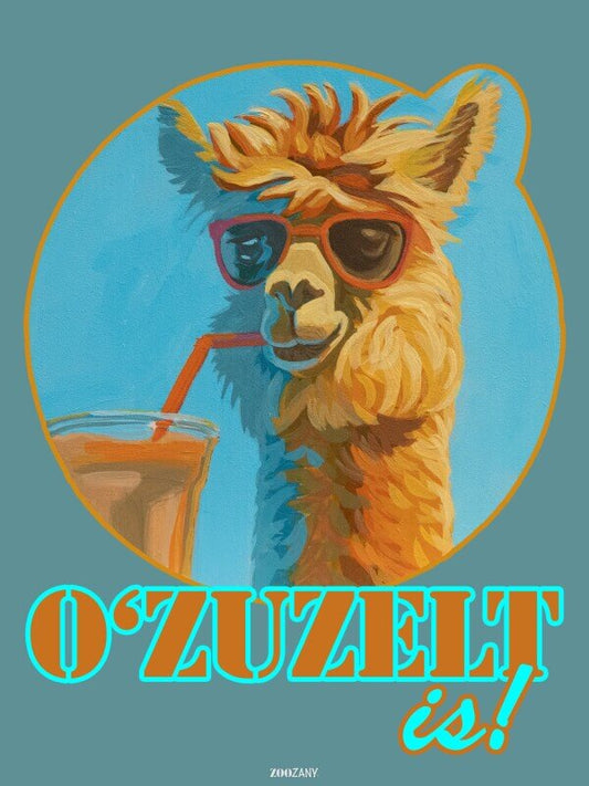 Retro poster auf boarisch, O'zuzelt is, with a cool llama wearing sunglasses and sipping a drink. Bright, fun, and vibrant print.