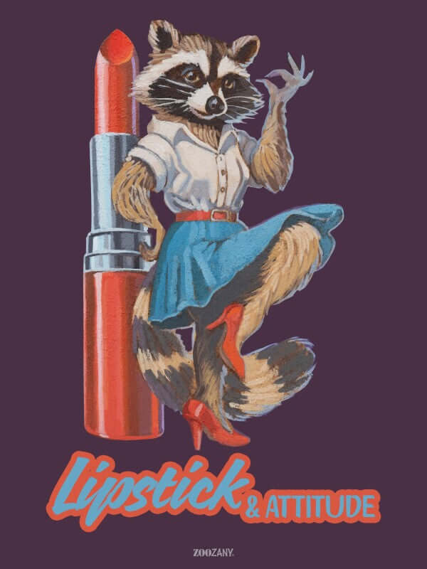 Retro Poster mit Waschbär in Rock und Lippenstift, Motto "Lipstick & Attitude". Bunte Wanddekoration für Stilbewusste.