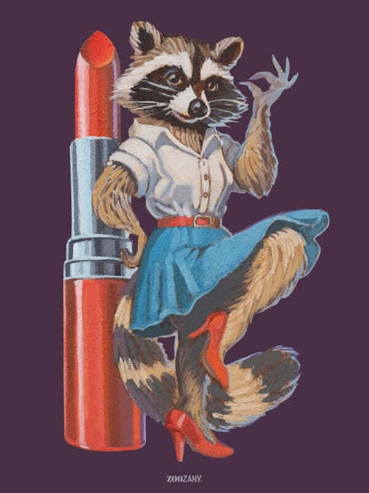 Ein stilisierter Waschbär in Kleid und Heels posiert neben einem roten Lippenstift, farbenfrohe Retro-Illustration.