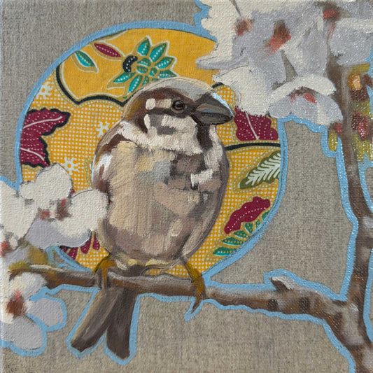 Daily Painting 18.05.2024, Ölgemälde auf Leinwand mit Batik, 20 x 20 cm, Spatz