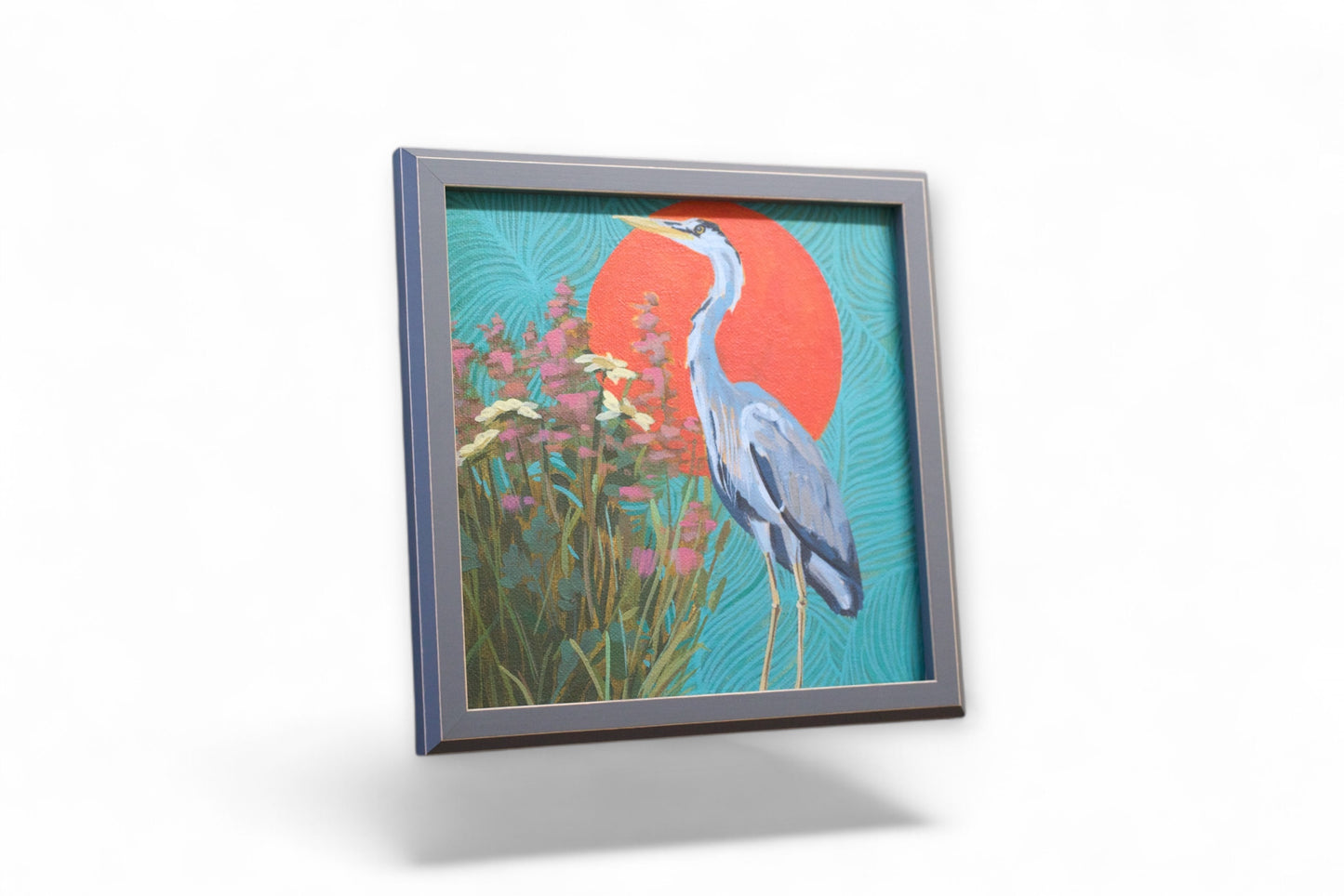 Gray heron, unique, painting, hand-painted unique piece, 20x20 cm, framed