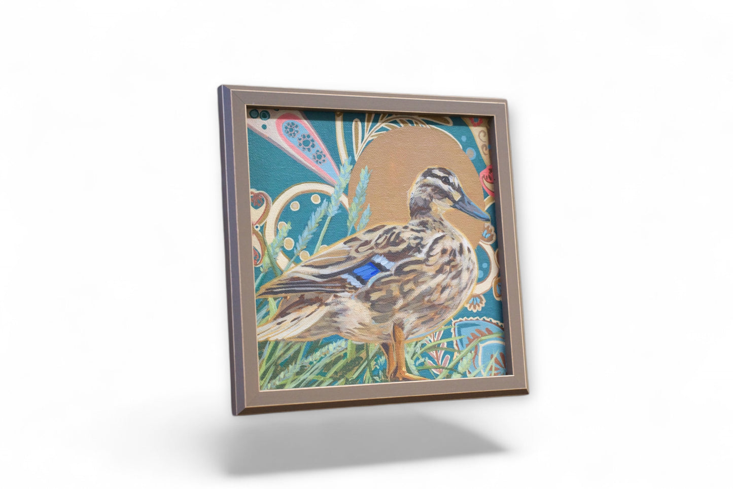 Duck, unique, painting, hand-painted unique piece, 20x20 cm, framed