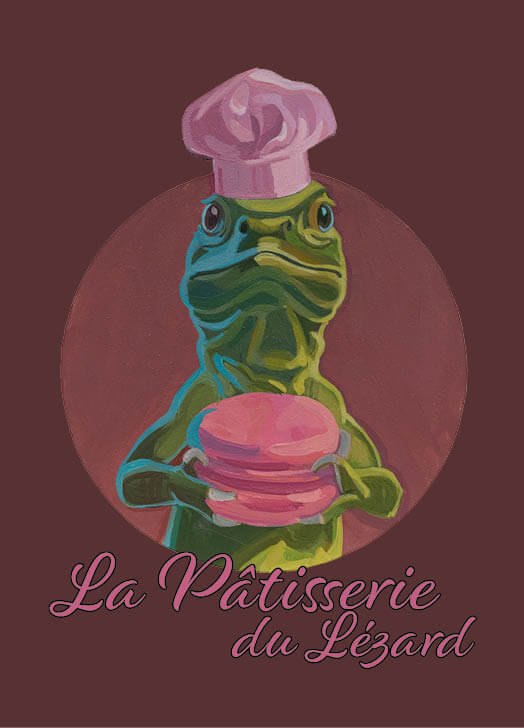 Postkarte "La Pâtisserie du Lézard" mit Retro-Motiv eines frechen grünen Monsieur Lezard als Bäcker, A6 Format, 350 g/m² Papier, matt.