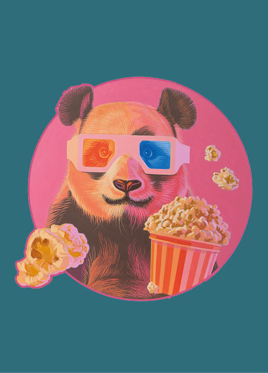 Postkarte Popcorn Panda im Retrolook mit 3D-Brille und Popcorn, A6 Format, 350 g/m2 Papier, matt Softtouch Oberfläche.