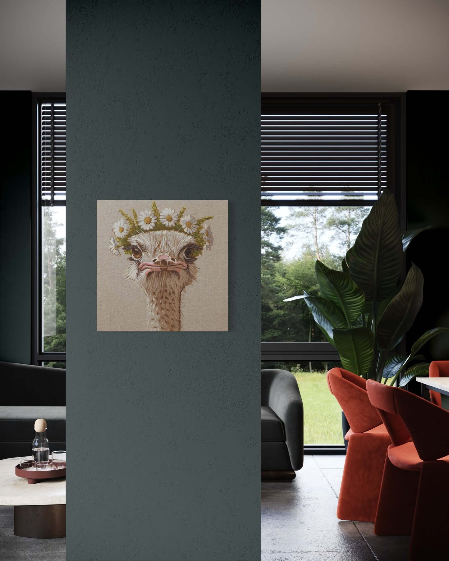Leinwanddruck eines Nandus mit Blumenkronen in modernem Wohnzimmer, dekorativer Wandkunst.