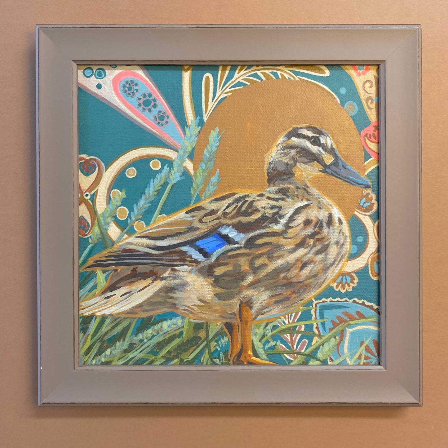 Canard, unique, tableau, pièce unique peinte à la main, 20x20 cm, encadré 