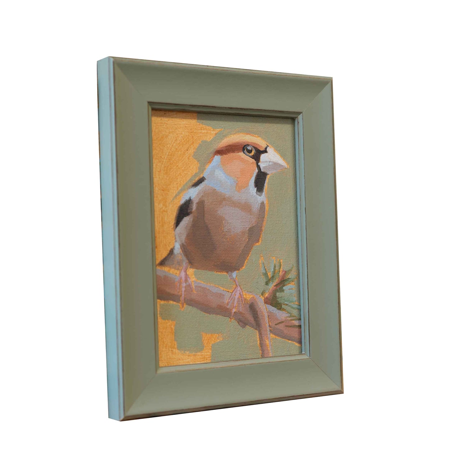 Grosbeak, unique, painting, hand-painted unique piece, 10x15 cm, including picture frame