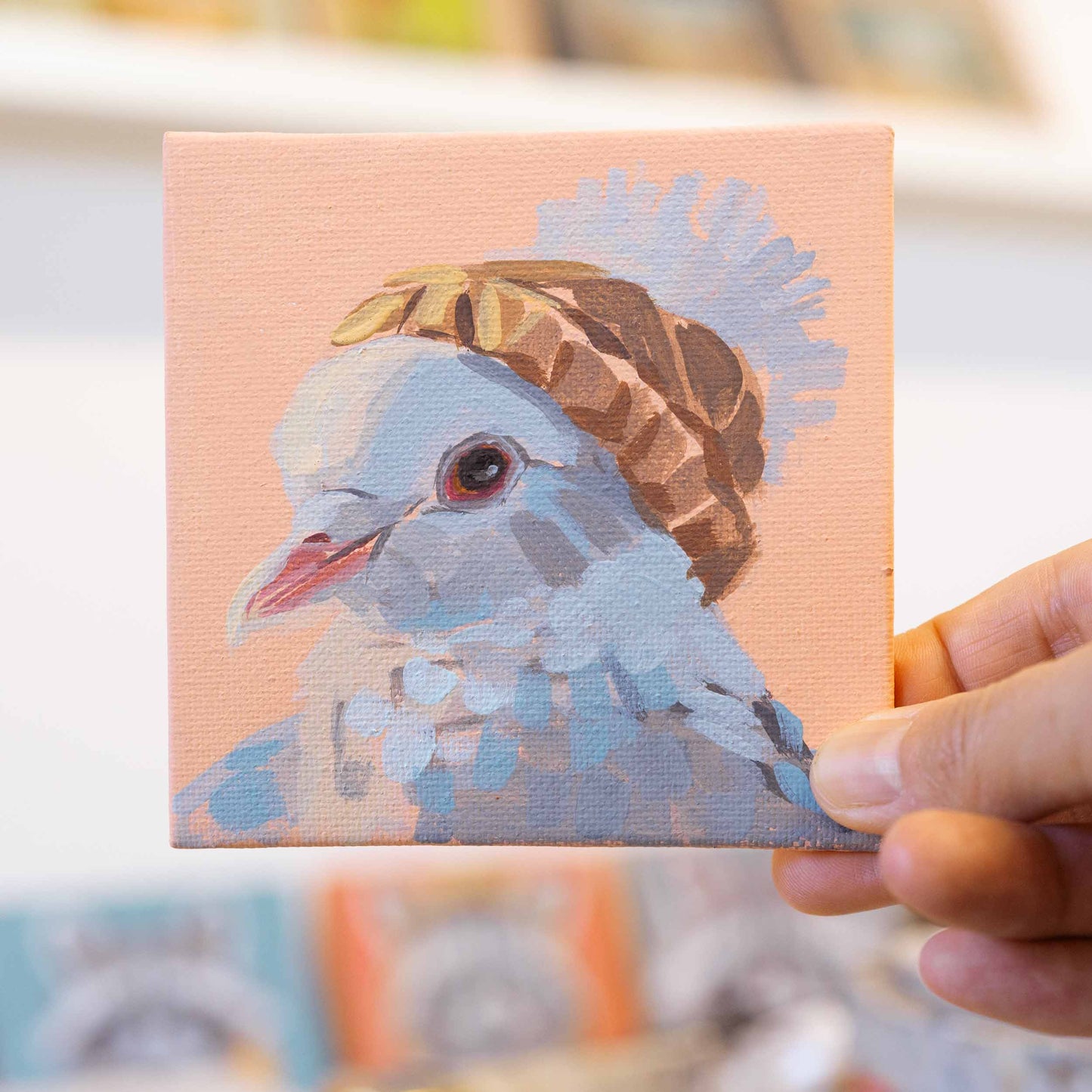 Pigeon Paulinchen, unique, tableau, pièce unique peinte à la main, 10 x 10 cm